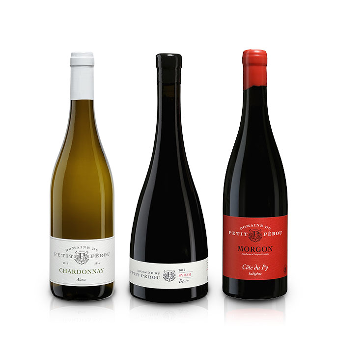 Morgon, Chardonnay and Syrah bottles