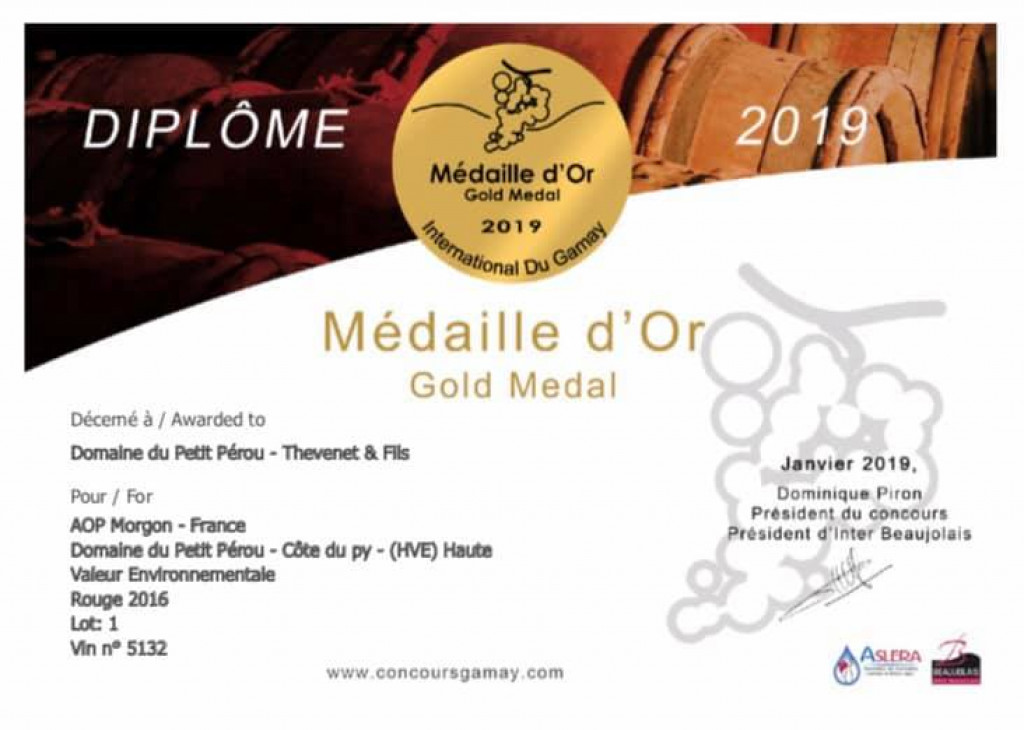 Médaille d'Or aux Gamay du Monde